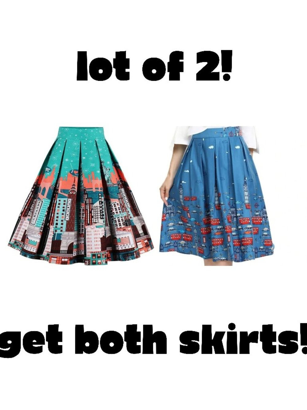 Lot of 2 | OBBUE Pleated Skirts with Pockets New York and London skyline 2XL